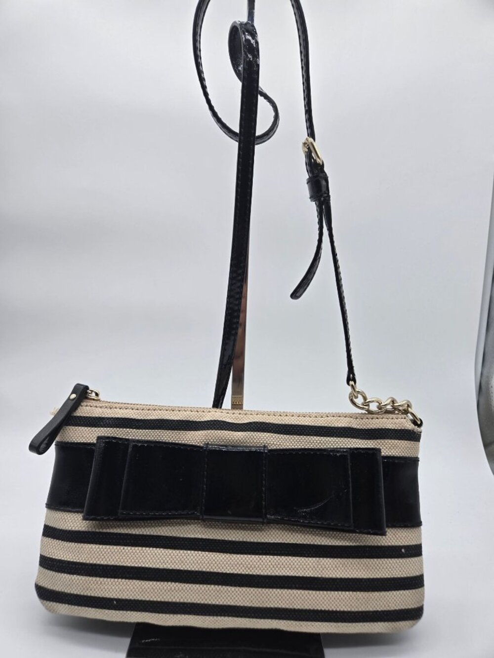 Kate Spade Alice Court Celina Black Tan Striped Woven Canvas Patent Leather Trim